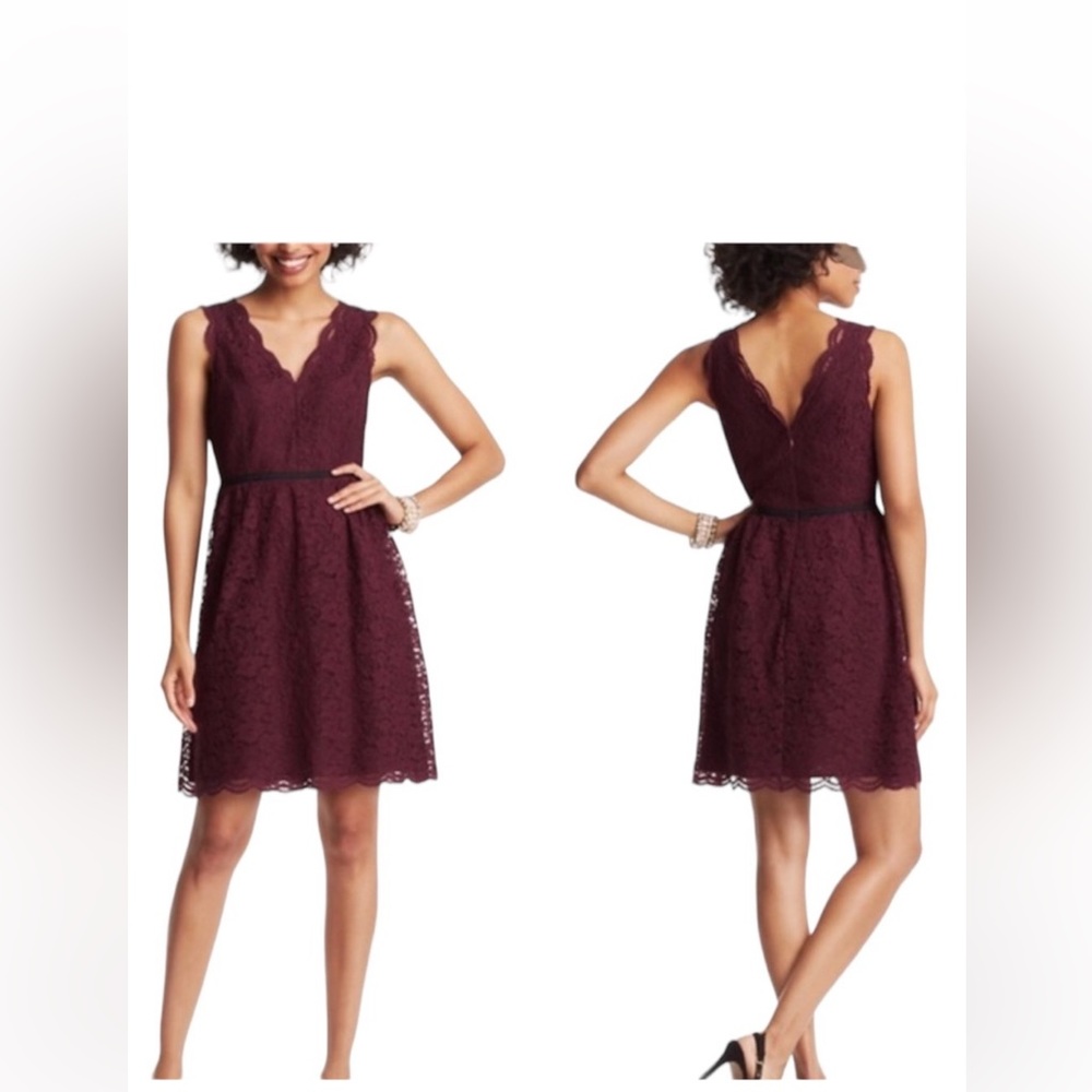 LOFT Red Burgundy Lace Fit & Flare V-Neck Cocktail Wedding Party Dress - Size 0